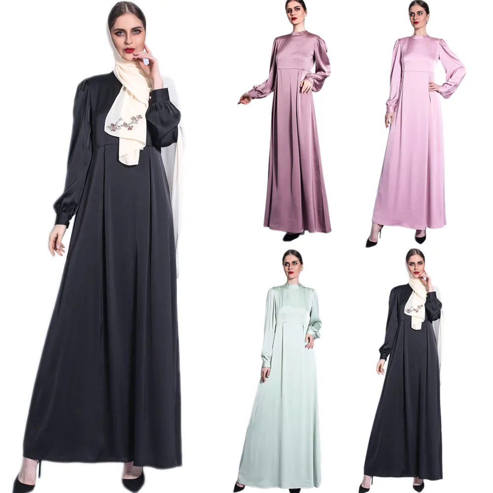 Женское атласное платье в мусульманском стиле, Длинное Элегантное платье Среднего Востока в стиле Дубаи с рукавами-фонариками