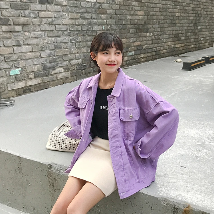 Женская джинсовая куртка фиолетовая Свободная бомбер в стиле преппи Базовая