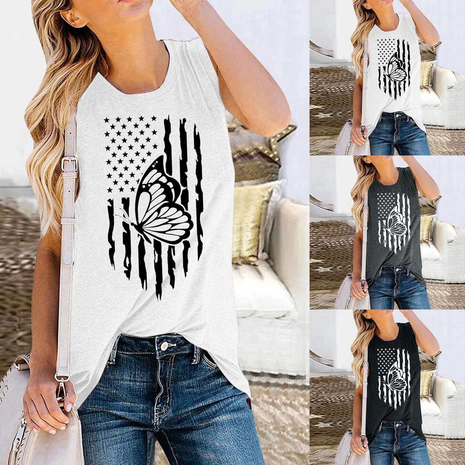

Top Shirt For Women Independence Day Sleeveless Elegant Top