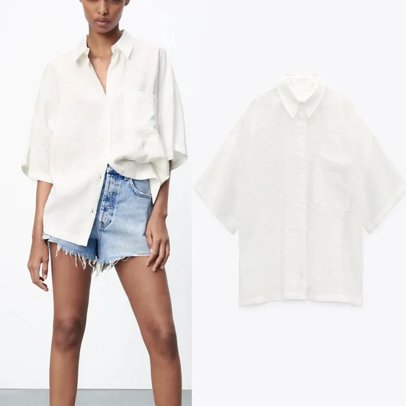 

White Short Sleeve Shirt Za 2021 Lapel Lenient Cuff Single-breasted Behind Adjustable Front Pocket Shirt Casual Fashion Shirt