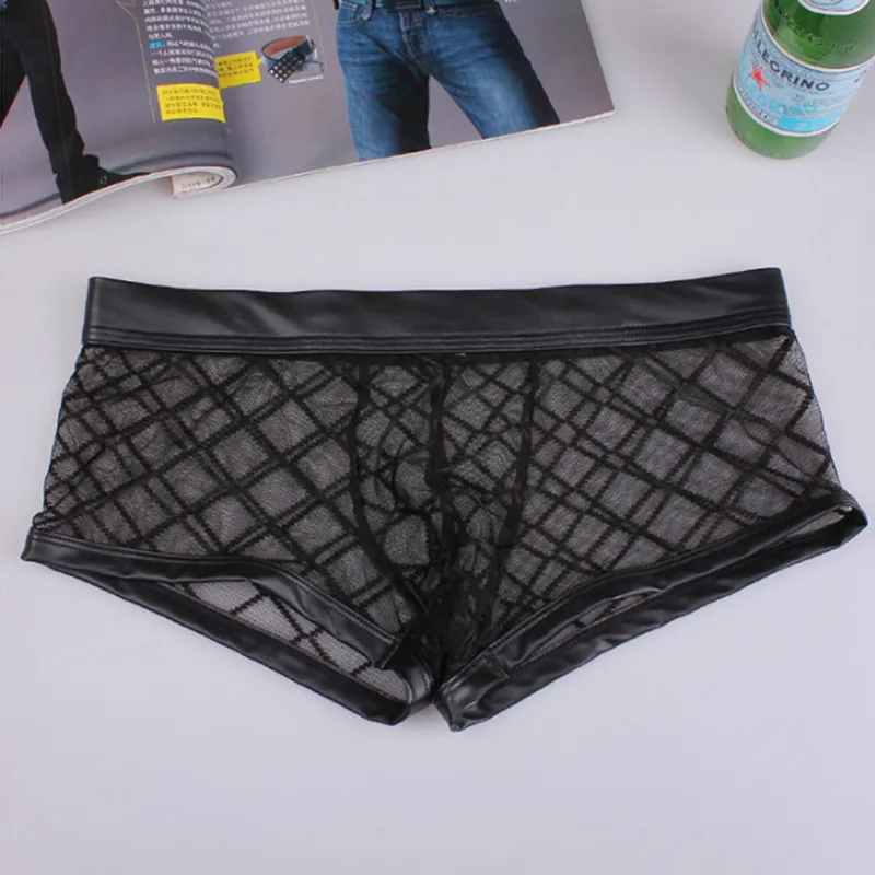 

Men Boxer Low-Waist Sexy Underwear Breathable Rhombus Mesh Perspective Underwear Interior 2022
