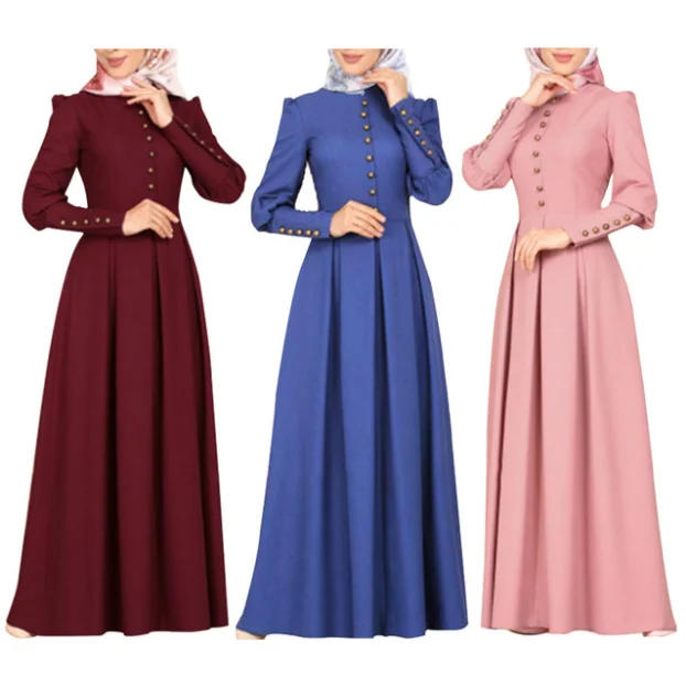 Мусульманское женское платье в Европе и Америке, облегающее платье в ретро-стиле с длинными рукавами и декоративными пуговицами, в национал...