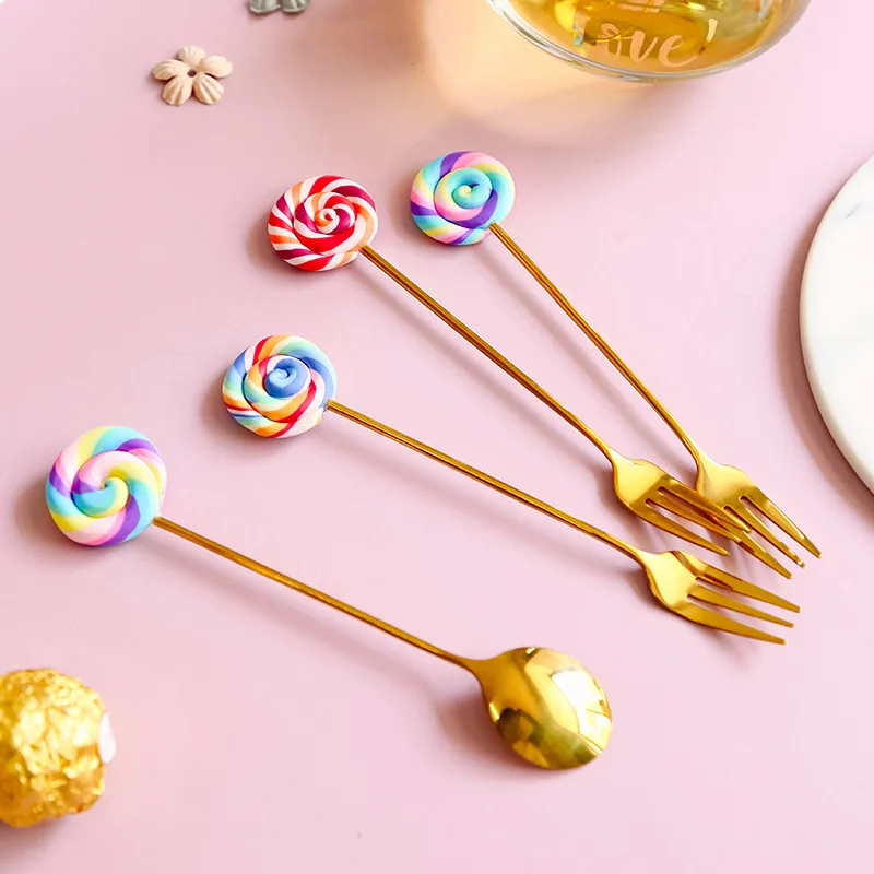 

Cute Lollipop Children Cute Spoon Stainless Steel Coffee Stirring Spoon Dinner Fruit Fork Teaspoon Dessert Tea Scoop Tableware