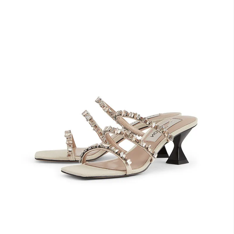 

Beige Heeled Sandals Square Toe Low-Heeled Shoes With Strap 2021 Summer Black Low-heeled High Girls Retro Pearl Elastic Band Co