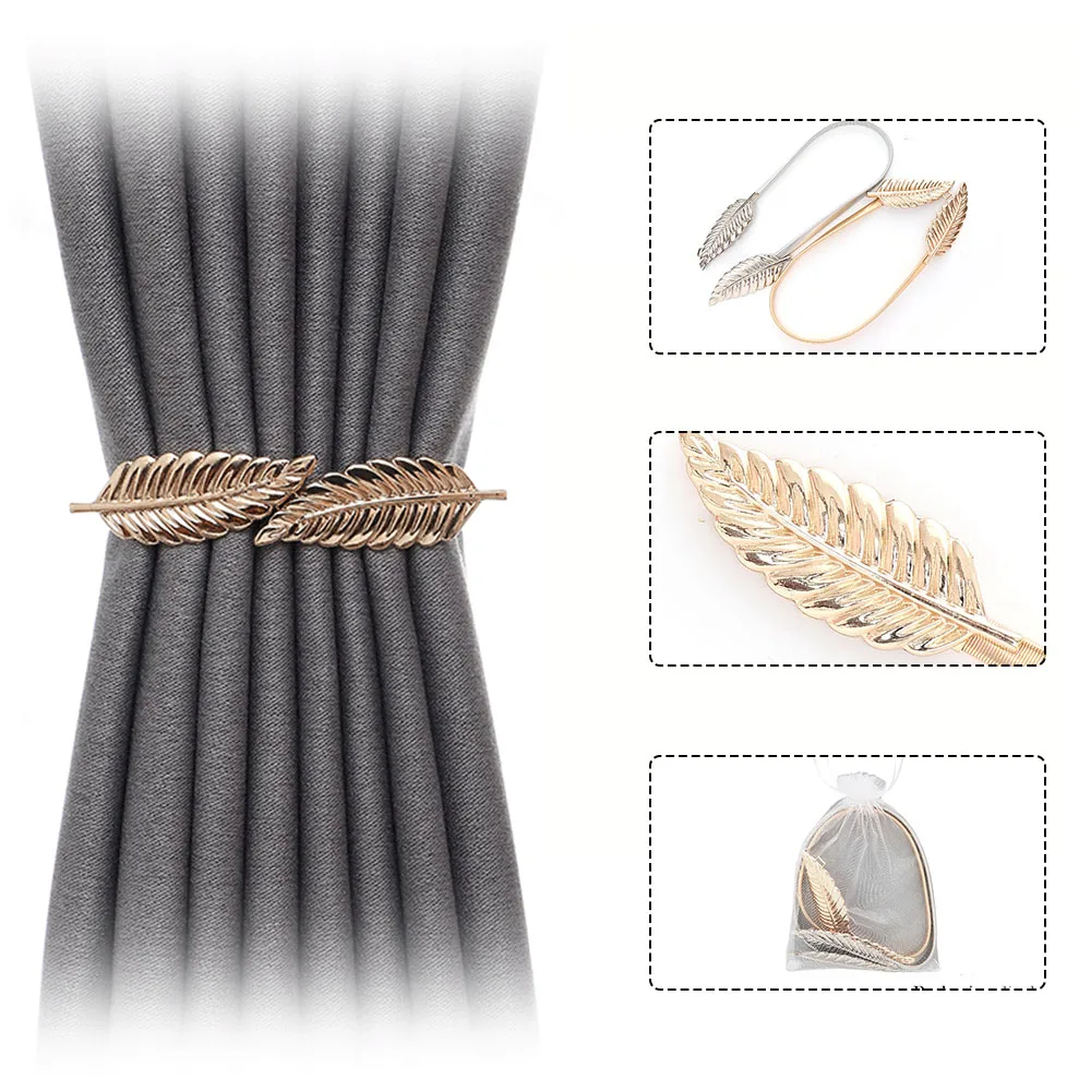 

Golden Silver Double Leaf Metal Elastic Curtain Strap Luxury Plant Metal Spring Flexible Belt Buckles Punch-free Home Decoration