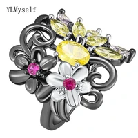 beautiful blacksilver flower ring by 2 tone plating with multi yellow zircon pretty trendy jewelry for women