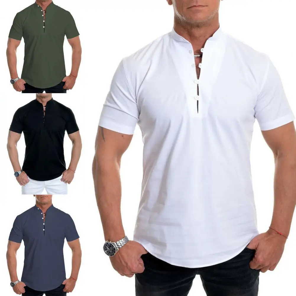 

80% Hot Sales!! Men Shirt Solid Color Slim Summer Short Sleeve Stand Collar Top for Dating
