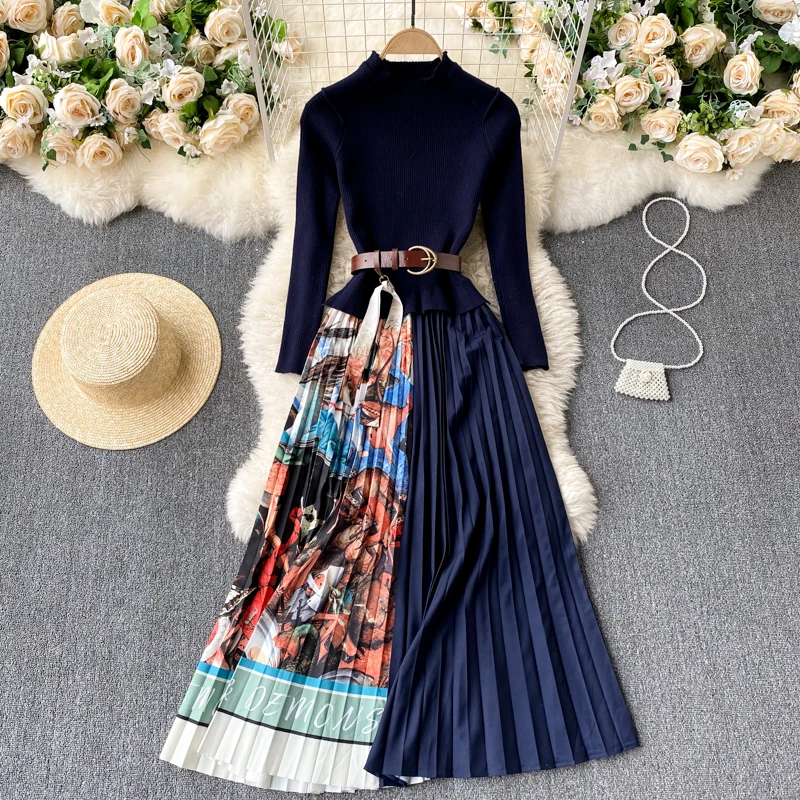 

Women New Fashion Knitted Pleated Stitching A-line Dress Round Neck Long Sleeve Lace Up Waist Thin Elegant Korean Vestidos R301