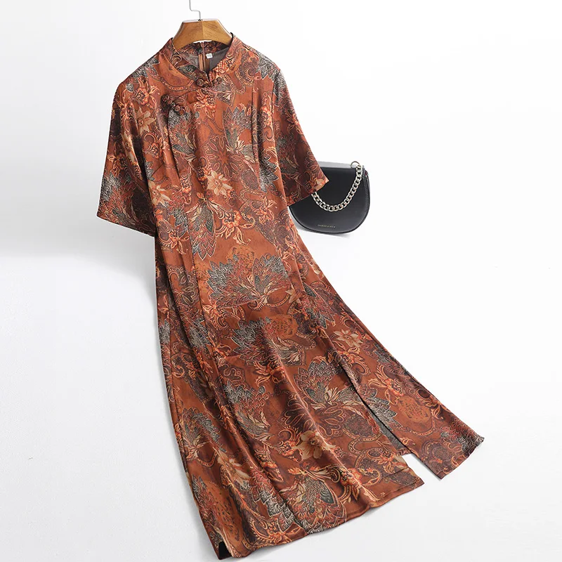 

2021 Women Spring Summer Casual Print Dress Female Slim O-neck Short Sleeve Silk Dresses Lady Elegant Pleated A-line Vestido K68