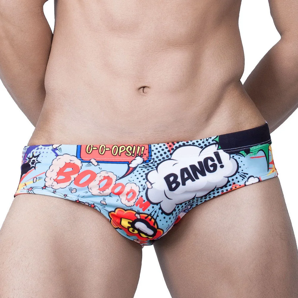 

Brand men's new explosion print fashion sexy swimming trunks fitted nylon beach briefs for men