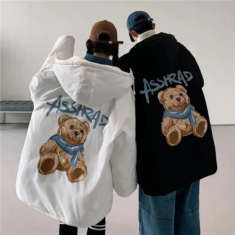 

Couple Cotton Clothes Harajuku Bear Print Hooded Oversized Women Coat Korean Cute Black White Bf Loose Thick Warm Student Parkas