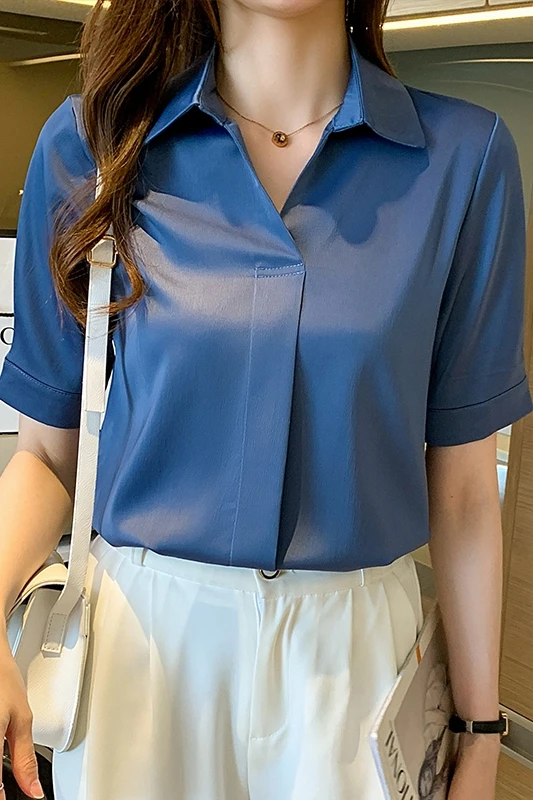 

2021 Womens Tops and Blouses Summer Fashion Satin Short Sleeve Women Shirts Blouses Black White Women Tops