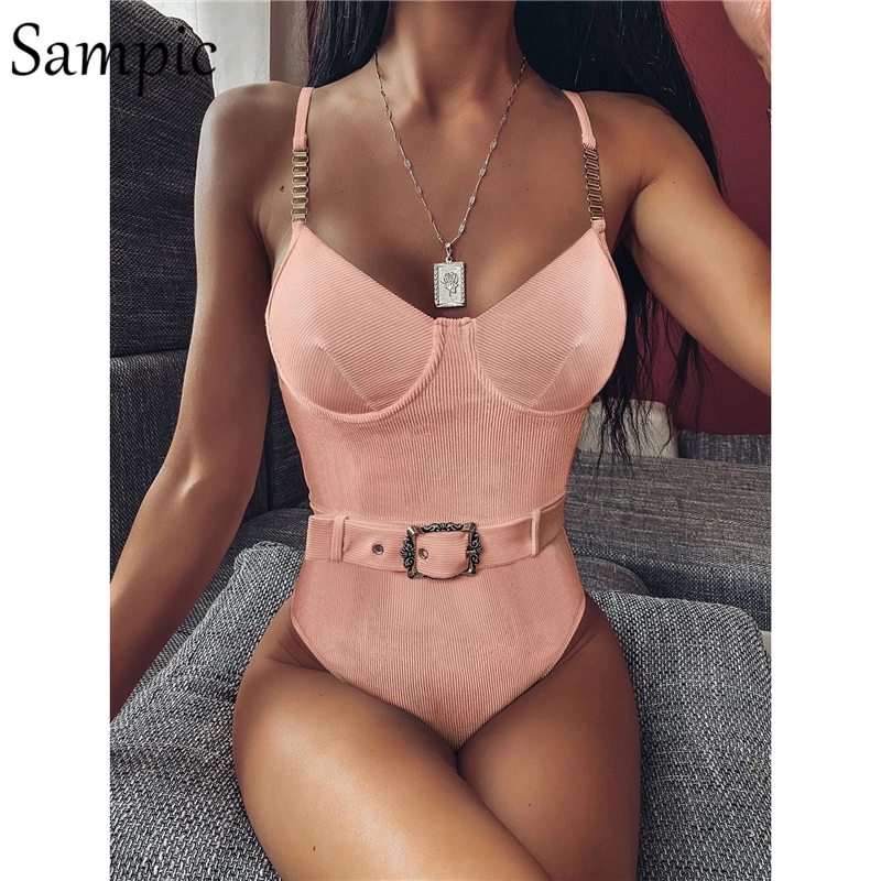 Женский пляжный купальник с чашками пуш ап и поясом|Купальники| |