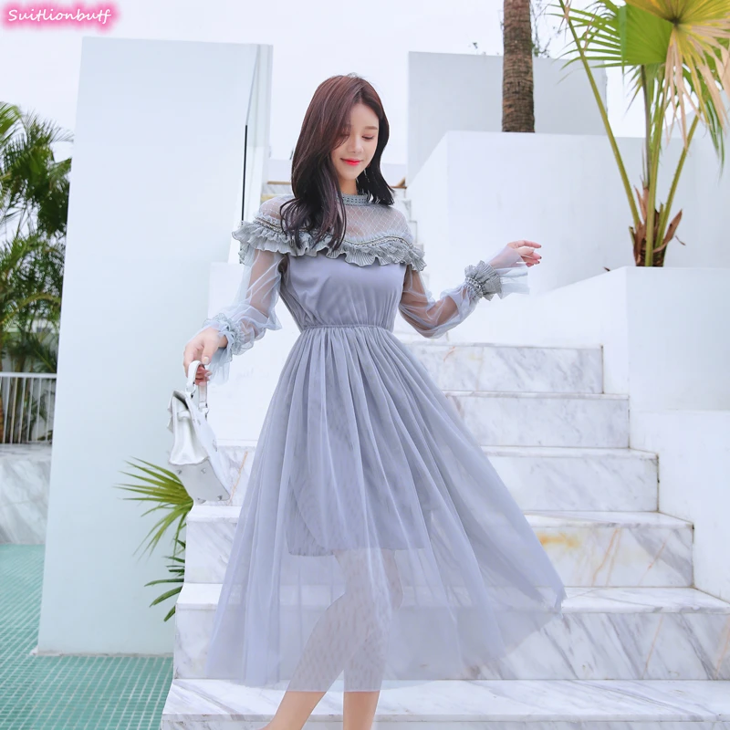 

Lace Mesh Patchwork French Dresses Women Half High Collar Flared Sleeves Spring Dress 2021 Slim Elastic Waist Women Clothing XL