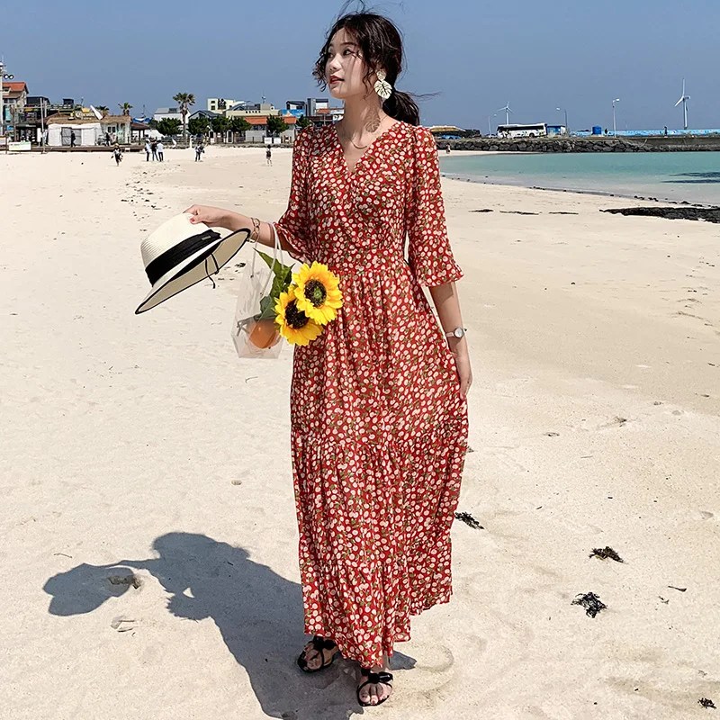 Летнее Женское Платье макси с цветочным принтом элегантное богемное