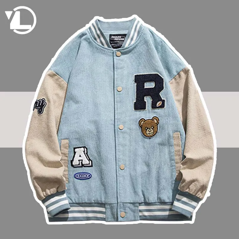 

Letter Bear Embroidery Baseball Jacket Men Japanese Corduroy Patchwork Varsity Jackets New Hip Hop Streetwear Loose Bomber Coats