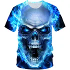 Детская футболка в стиле панк на Хэллоуин, 3D футболка для мальчиков и девочек с принтом синего огня, черепа, короны, смерти, мотоцикла, змеи, цветов, Детская футболка