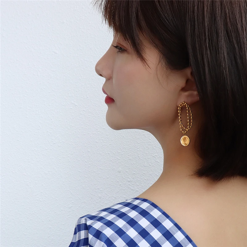 

2021 Minimalist Style Coin Stud Earrings For Women Girl Wedding Party Jewelry Luxury Designs Gold Color Stainless Steel Eardrop