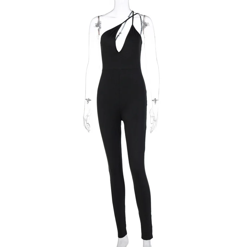 

Streetwear White Black One-shoulder Sexy Bodycon Jumpsuit Women Overalls Sleeveless Skinny Rompers Womens Jumpsuit Female