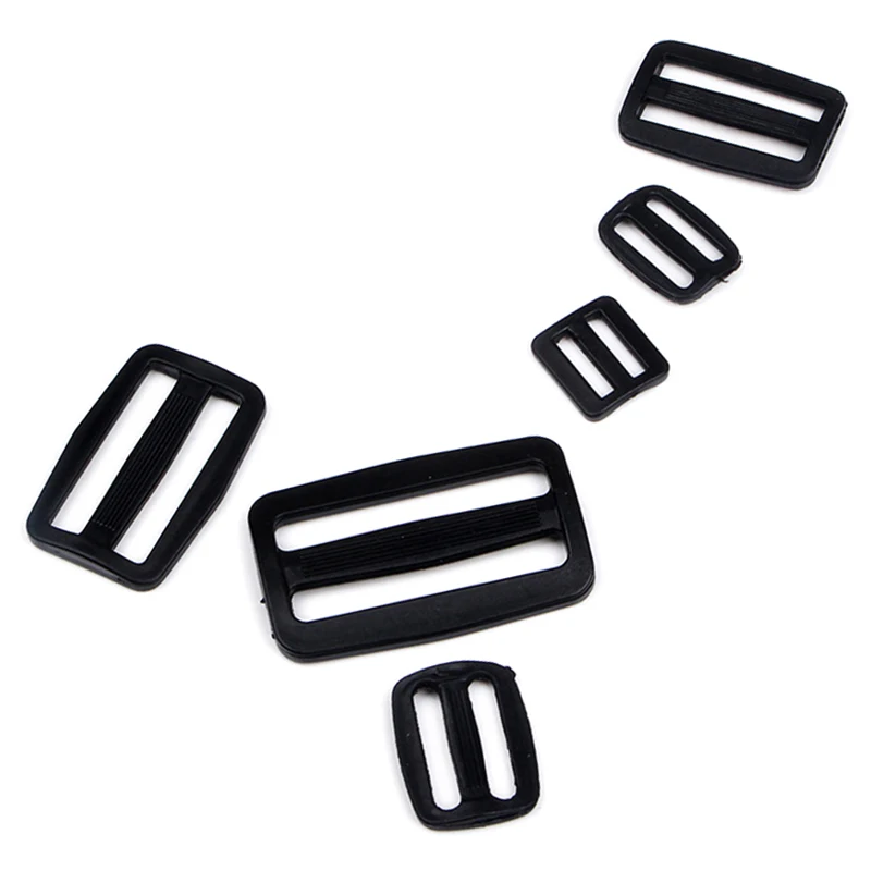 

5Pcs Plastic 15/20/25/32/38/50mm Webbing Tri-ring Adjust Buckle Curve Slider Tri-Glide Backpack Straps Black