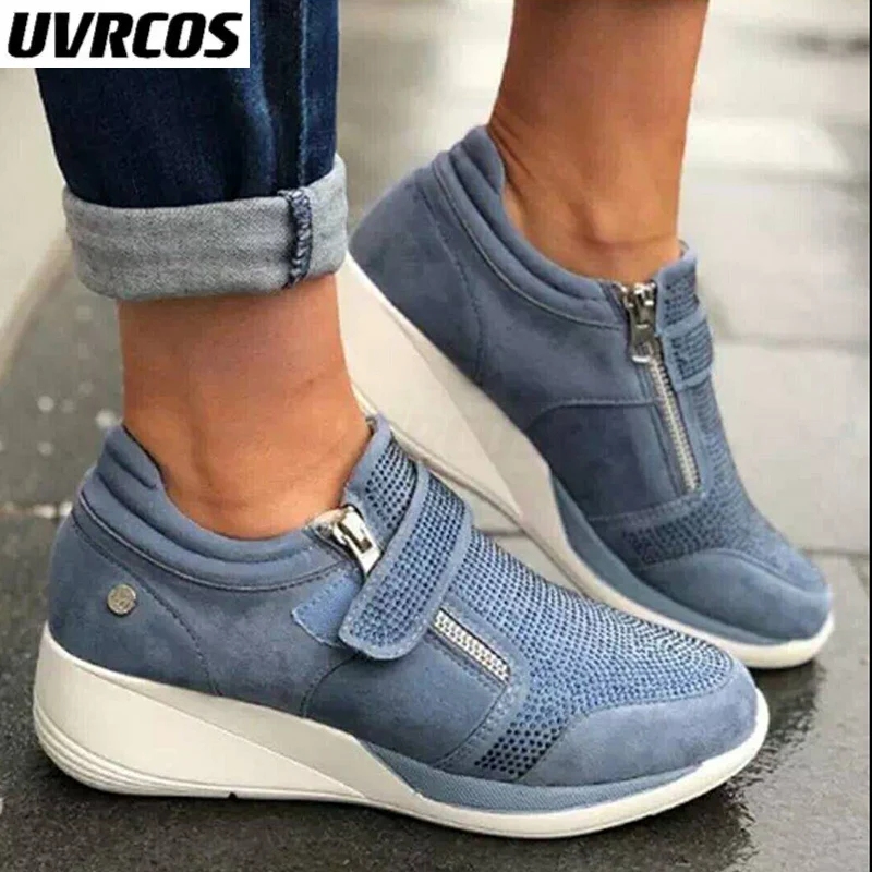 

Женские кроссовки на танкетке, повседневная обувь для тренировок на платформе, на шнуровке, кроссовки на молнии