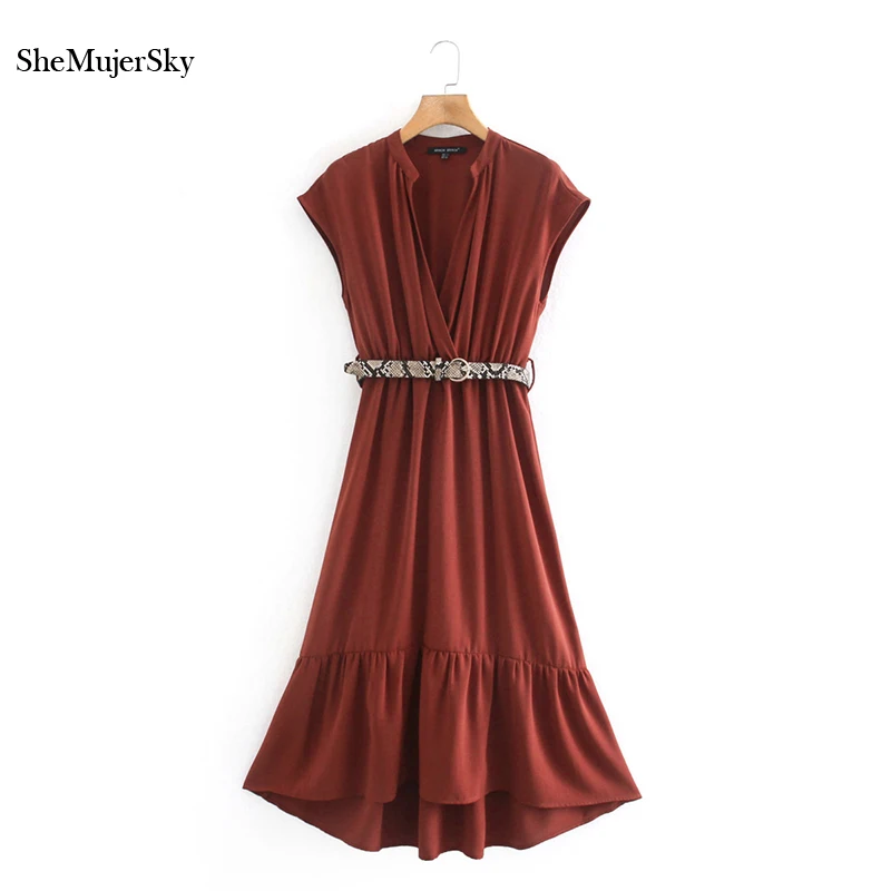 

SheMujerSky Women Sleeveless Red Dress With Snake Sashes 2020 Summer Spliced A-line Midi Dress 2020 vestidos