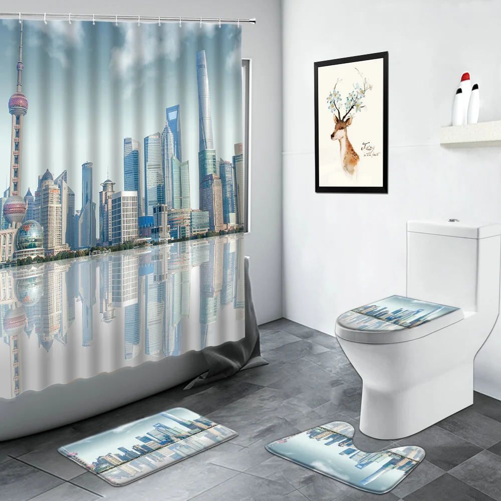 

City Building Shower Curtains London Bridge New York Manhattan Scenery Modern Bathroom Decor Non-slip Rug Toilet Bath Mats Sets
