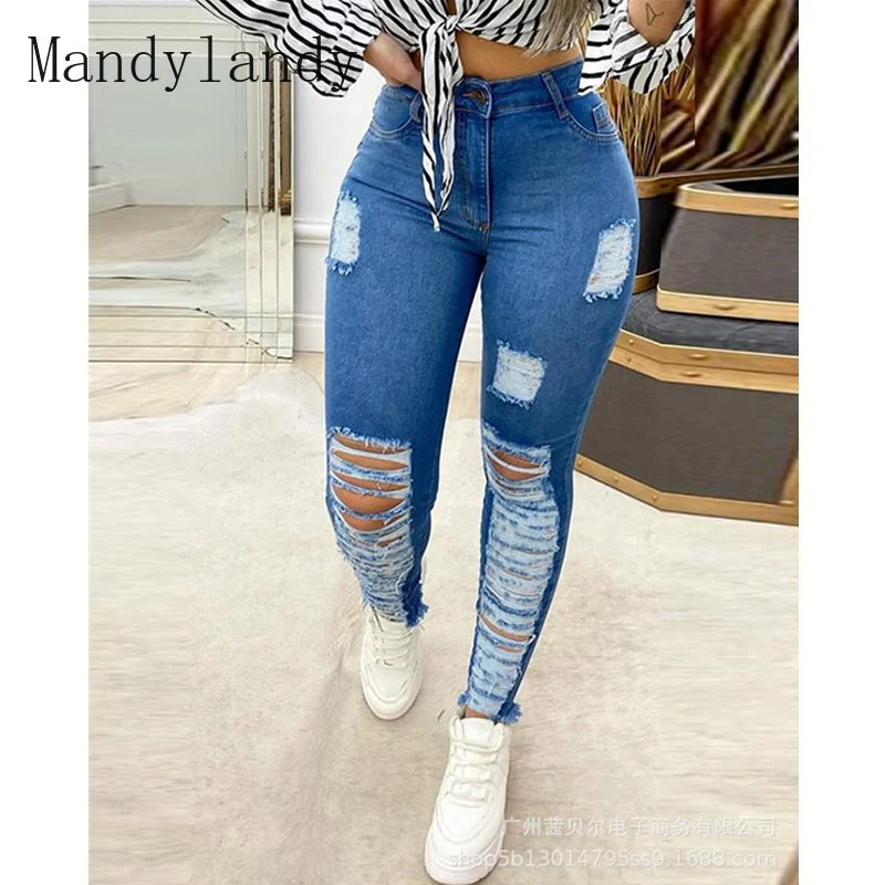 

Mandylandy Women's Ripped Denim Pants Lady Sexy High Waist Hole Bodycon Trousers Skinny Jeans