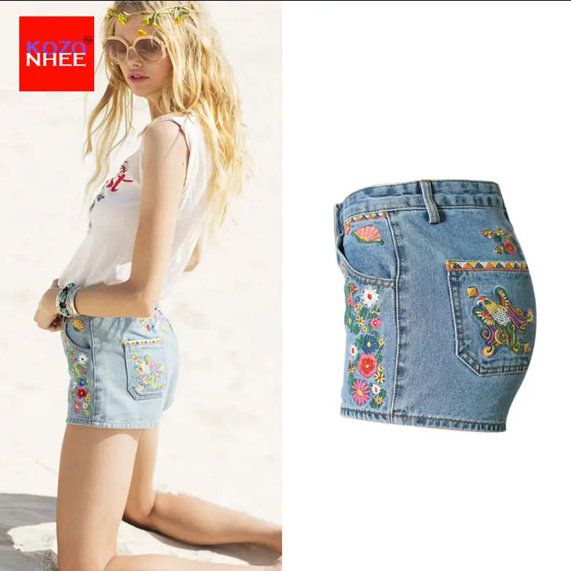 Летние джинсовые шорты с 3D вышивкой и высокой талией красочный узор богемные