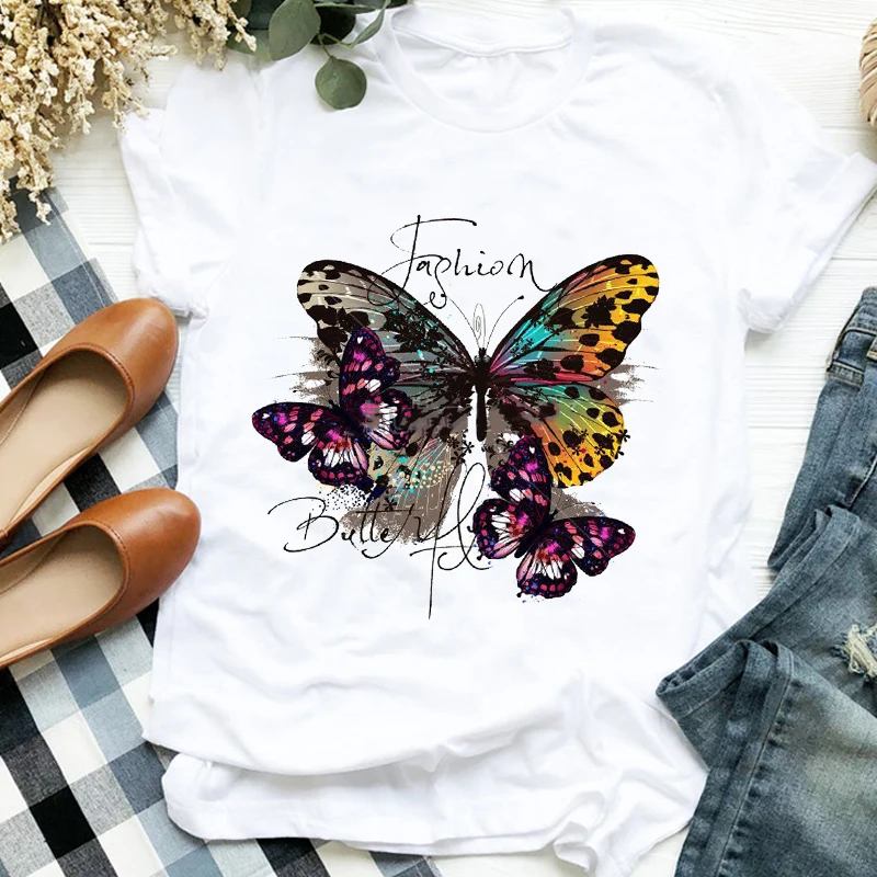 

Women Lady Flower Butterfly Cartoon Printing 90s Fashion Print Shirt Clothes T Tee Womens Tshirt for Female Top Graphic T-shirt