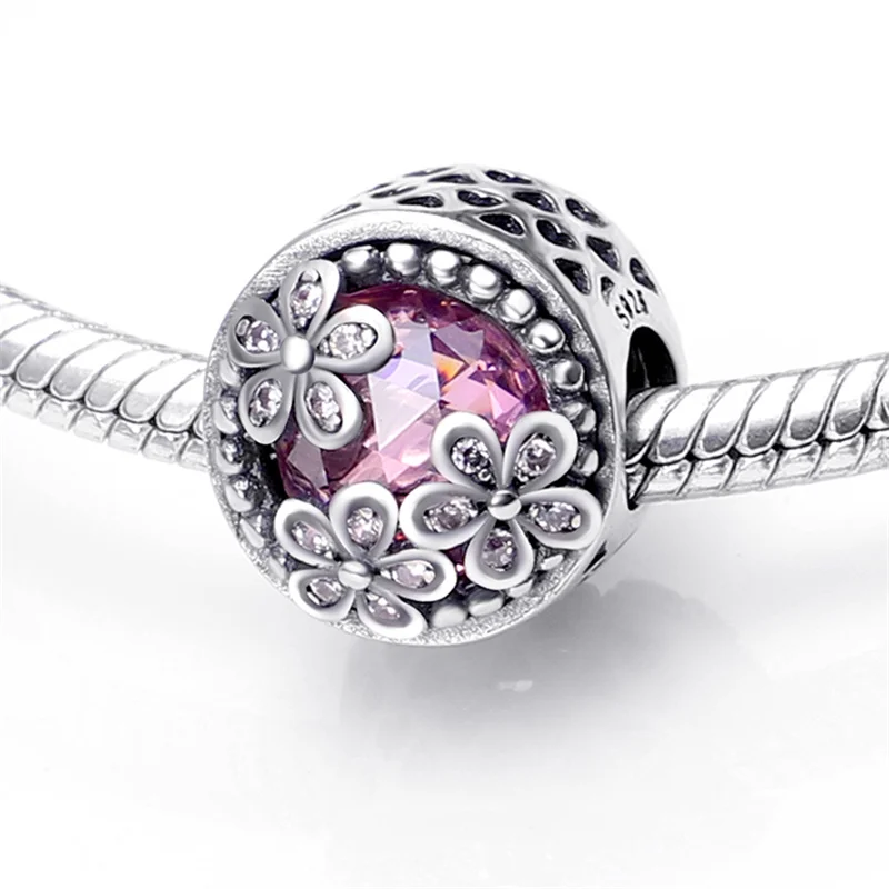 

New Silver Color Fits Original Pandach Bracelet Necklace Round Beads flower pattern plata de ley Charms Bead Women DIY Jewelry