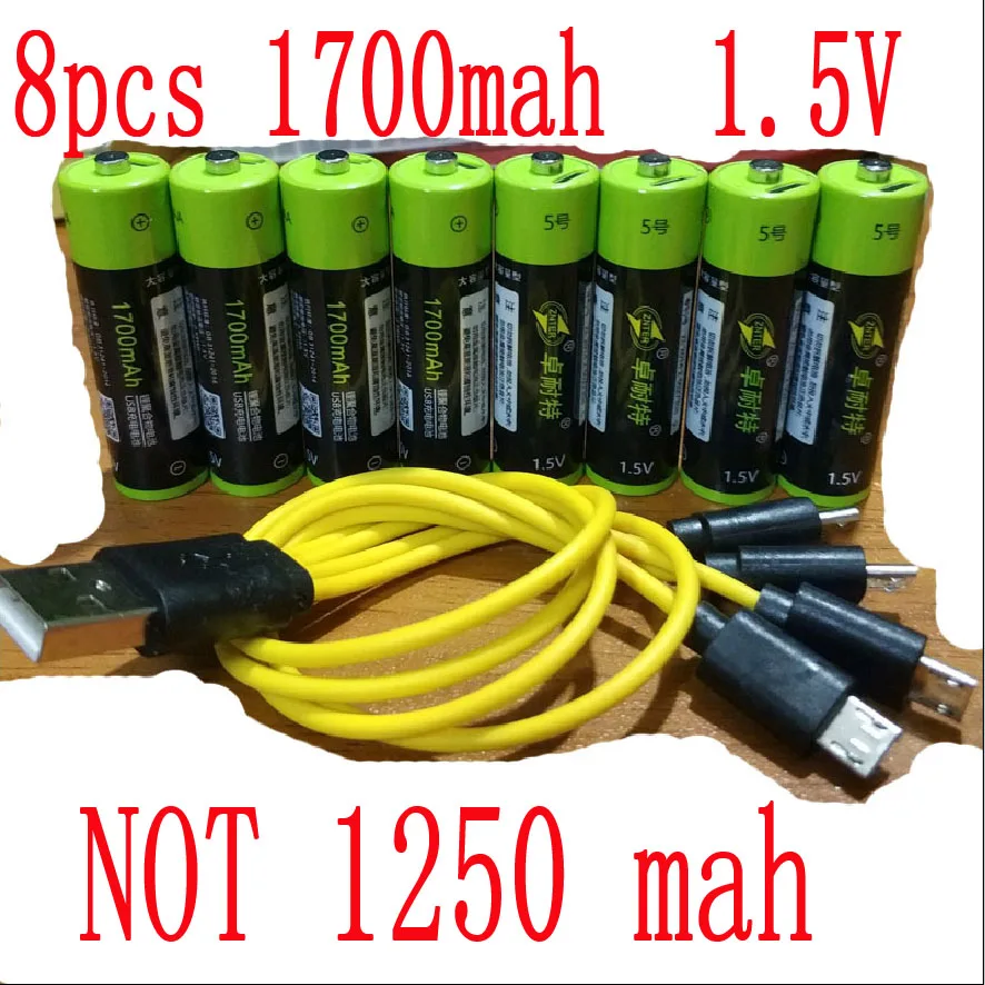 

8pcs ZNTER 1.5V AA 2550mwh USB AA 1.5V 1700mAh li-polymer li-po rechargeable lithium li-ion usb battery with USB cable pack