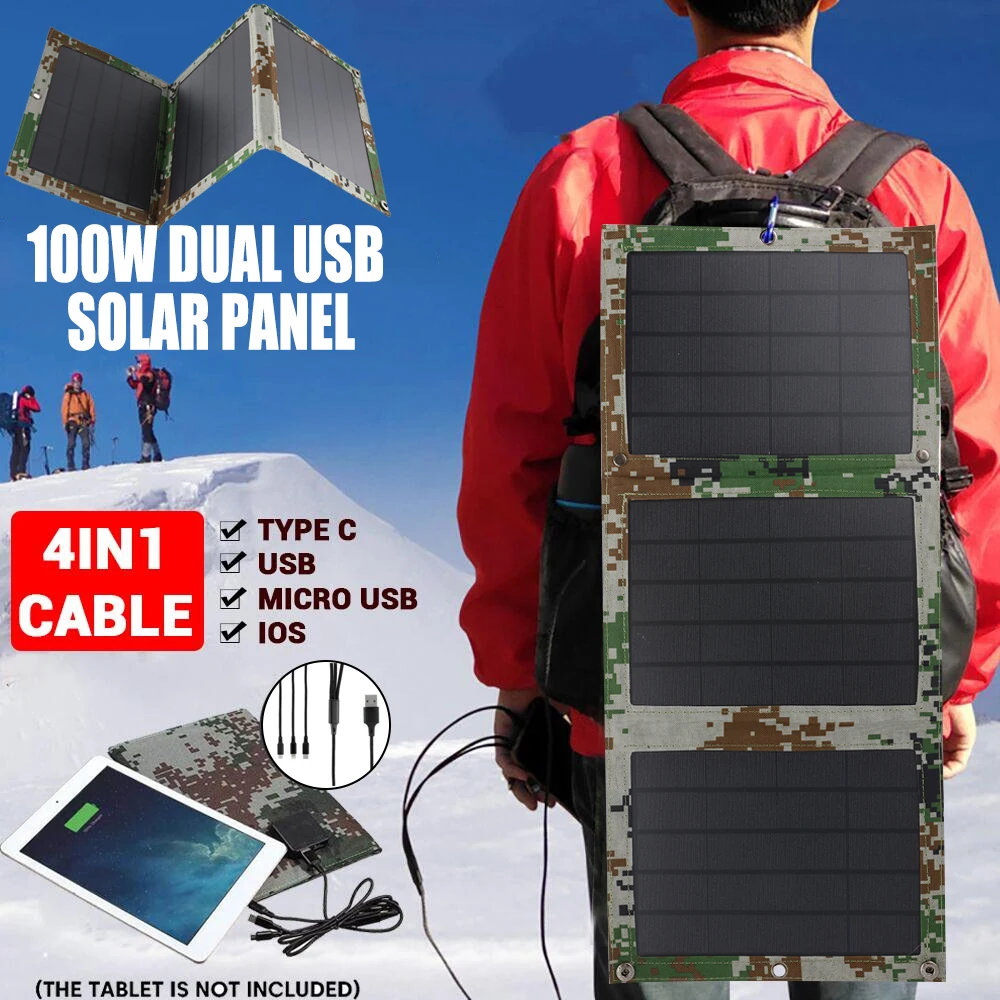 

Foldable 100W Dual USB Solar Panel Outdoor Folding Waterproof Solar Panel Charger Mobile Power Battery Charger With 4 in 1 Cable