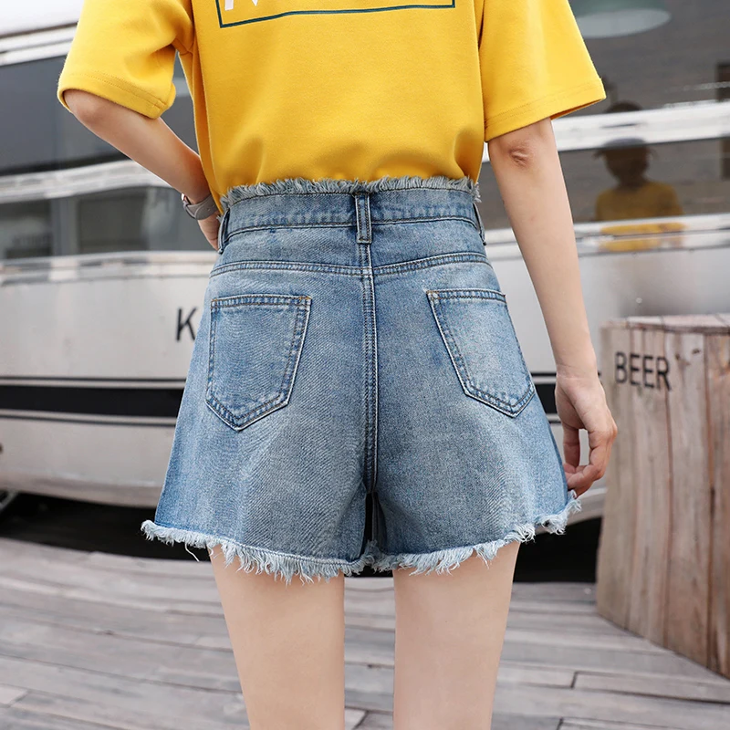 

Denim Shorts Female Vintage Ripped Students Loose Wide Leg Burrs High Waist Thin Side Split Sexy Hot Shorts Women Women
