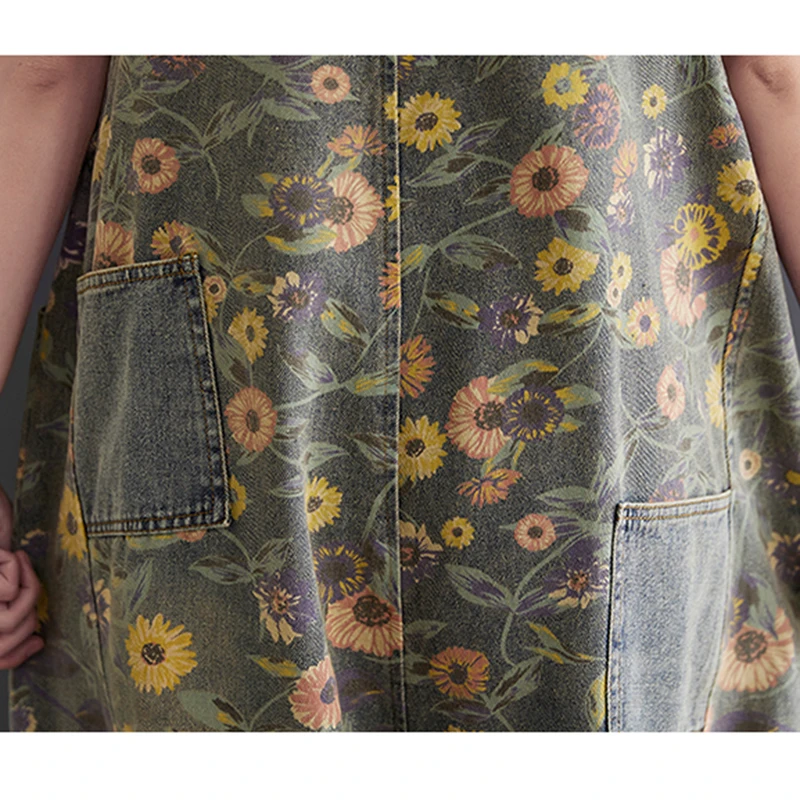 Casual Loose Plus Size Jeans Jumpsuits Women Spring Autumn Print Floral Denim Overalls Wide Leg Dungarees Straps Baggy Pants images - 6
