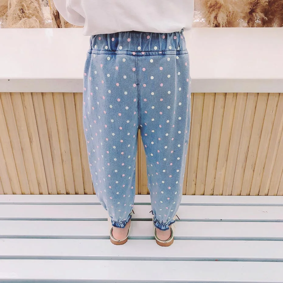 Джинсы для девочек с узором в горошек детские джинсы бантом одежда маленьких от 12