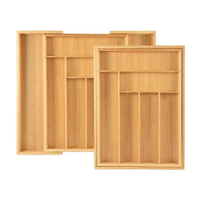 

Adjustable New Design Anti-Slip Cutlery Tray Wooden Bamboo Receiving Box Cutlery Drawer Organizer Tool Organic Bamboo New Design