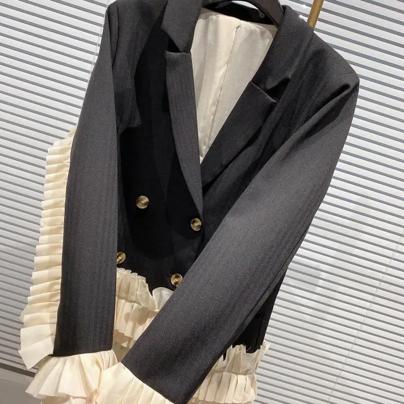 

Autumn Winter New Lady Casual Blazer Irregular Mesh Lace Trim Spliced Lapel Double-Breasted Striped Women Fashion Suit Jacket