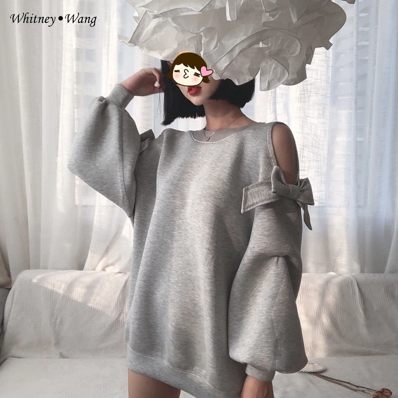 2019 Осенняя модная уличная одежда WHITNEY WANG свитшот с открытыми плечами и бантом