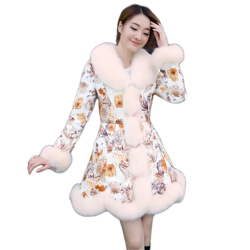 

Winter Coat Women Yellow Print Down Cotton Jackets 2020 New Fashion Slim Faux Fox Fur Collar Thick Warmth Parkas Feminina