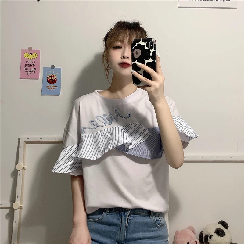 Женская футболка с коротким рукавом круглым вырезом и вышивкой букв в Корейском