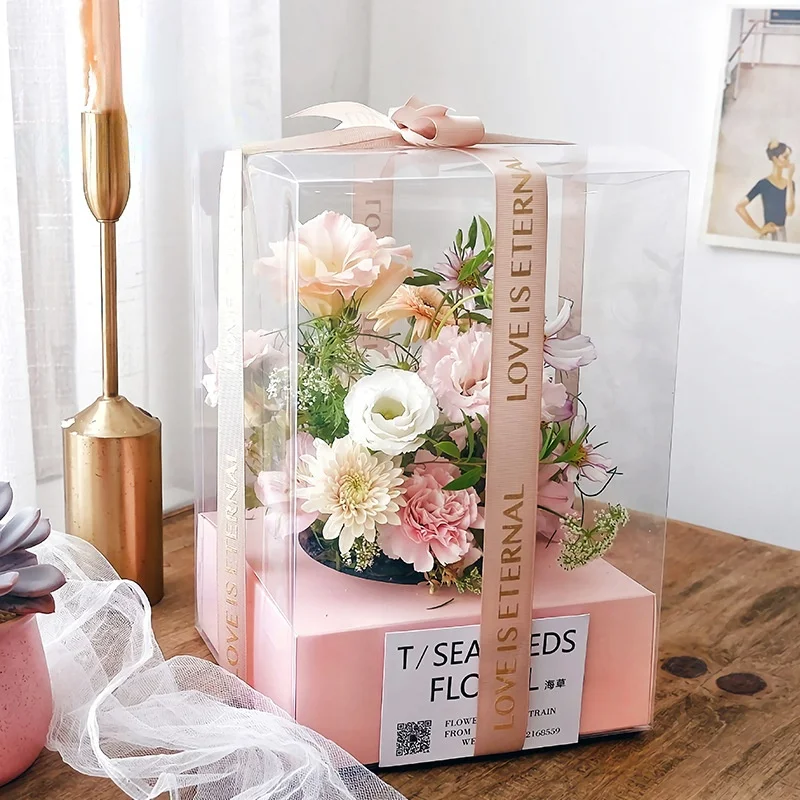 

Valentine's Day Panoramic Rose Preserved Flower Box Square Transparent Packaging Gift Box Festival Party Candy Bags