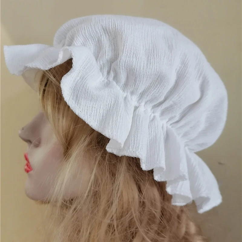 Gorro de Lolita blanca con volantes para mujer, gorro ajustable Vintage Medieval, Cosplay, camisón de calabaza
