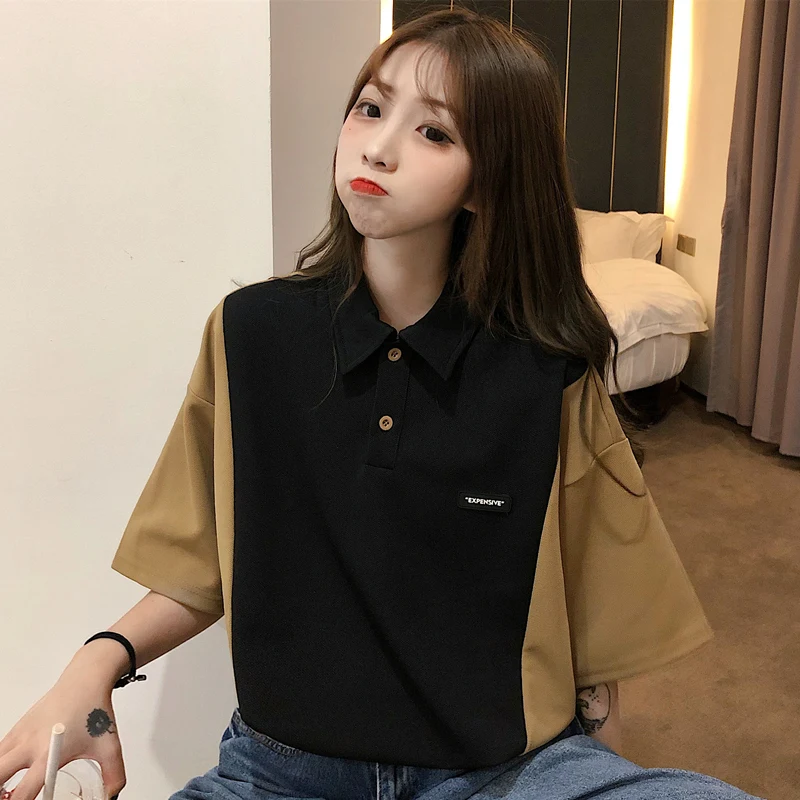 

Black Polo Shirt Women Cotton Casual Loose Apricot Shirt Woman Summer Turn-down Collar Short Sleeve Tops Ladies Tunic Harajuku
