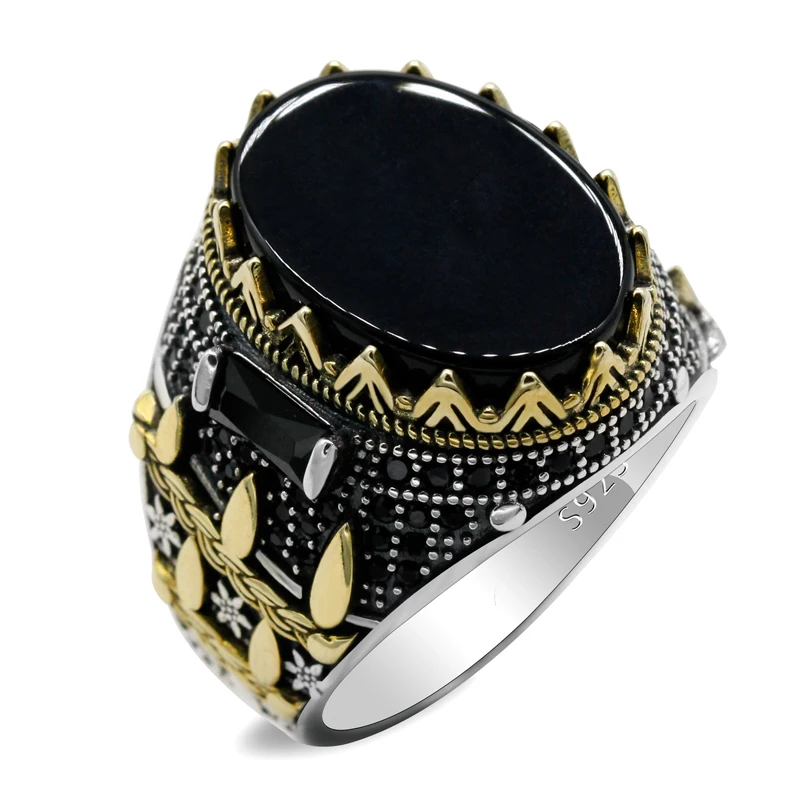 

New Flat Stone Natural Agate Ring 925 Silver High Quality Men's Ring Turkish Trend Fashion Auspicious Vintage Men's Gift