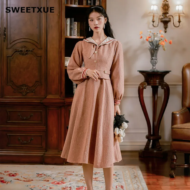 SWEETXUE, винтажное твидовое шерстяное платье, рукав-фонарик, воротник-кукла, длинное модное плиссированное платье, милое женское платье
