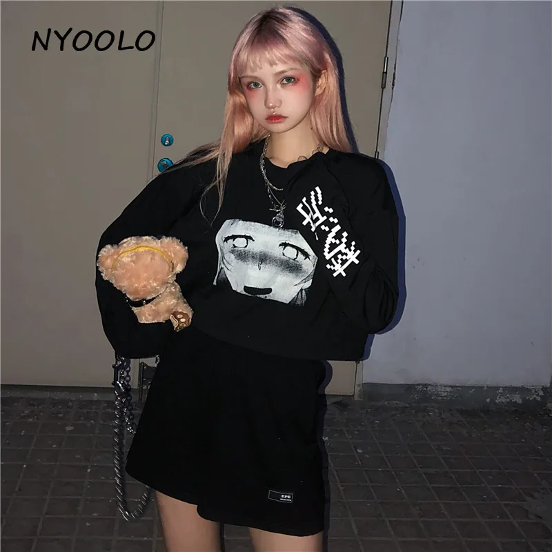 NYOOLO Harajuku стиль хип-хоп мультфильм девушка письмо с узором короткая футболка рубашка Осень Свободный длинный рукав футболка женская одежда Топ Футболка