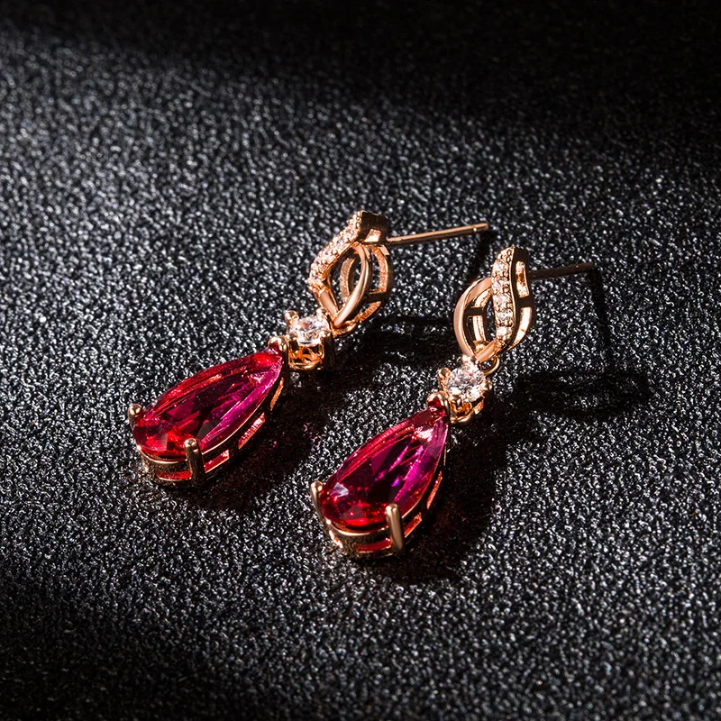 

Luxury Simple Water Drop Shaped Crystal Dangle Earring Charm Girl Inlay Rose Red Gold Color Earring Elegant Lady Wedding Jewelry