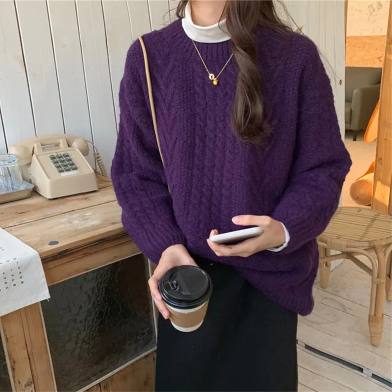 Женский вязаный свитер Hzirip толстый теплый пуловер с круглым вырезом винтажный