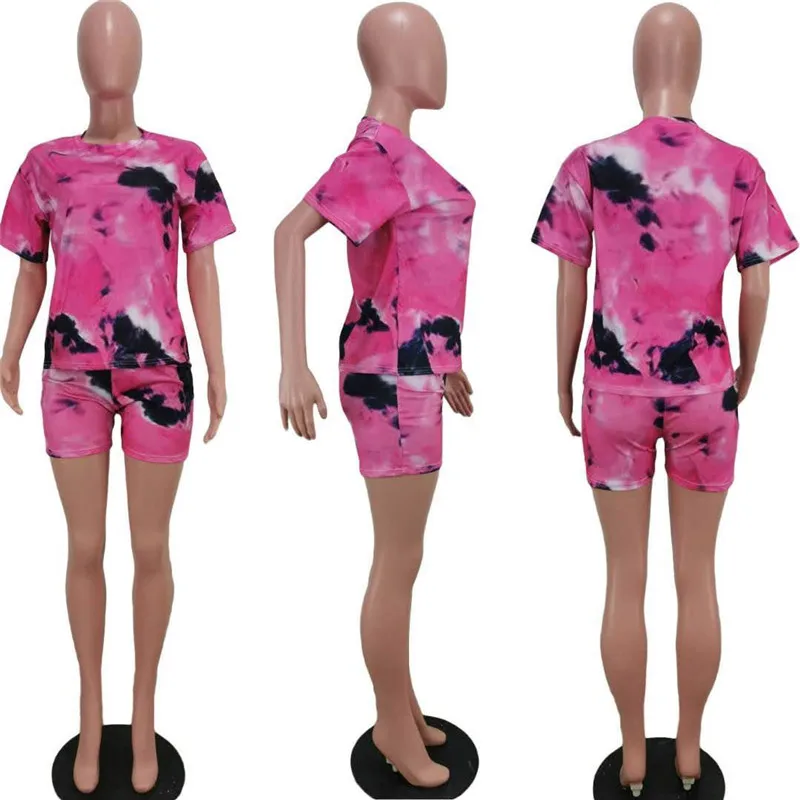 

2Pcs Women Sports Tracksuit Tie Dyeing Print Tops High Waist Biker Shorts Pants Workout Clothes Outfit Casual 2 Piece Set 2020